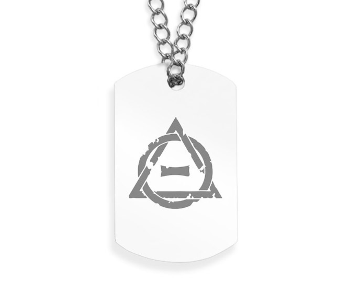 Dog tags with a theta delta symbol printed on them