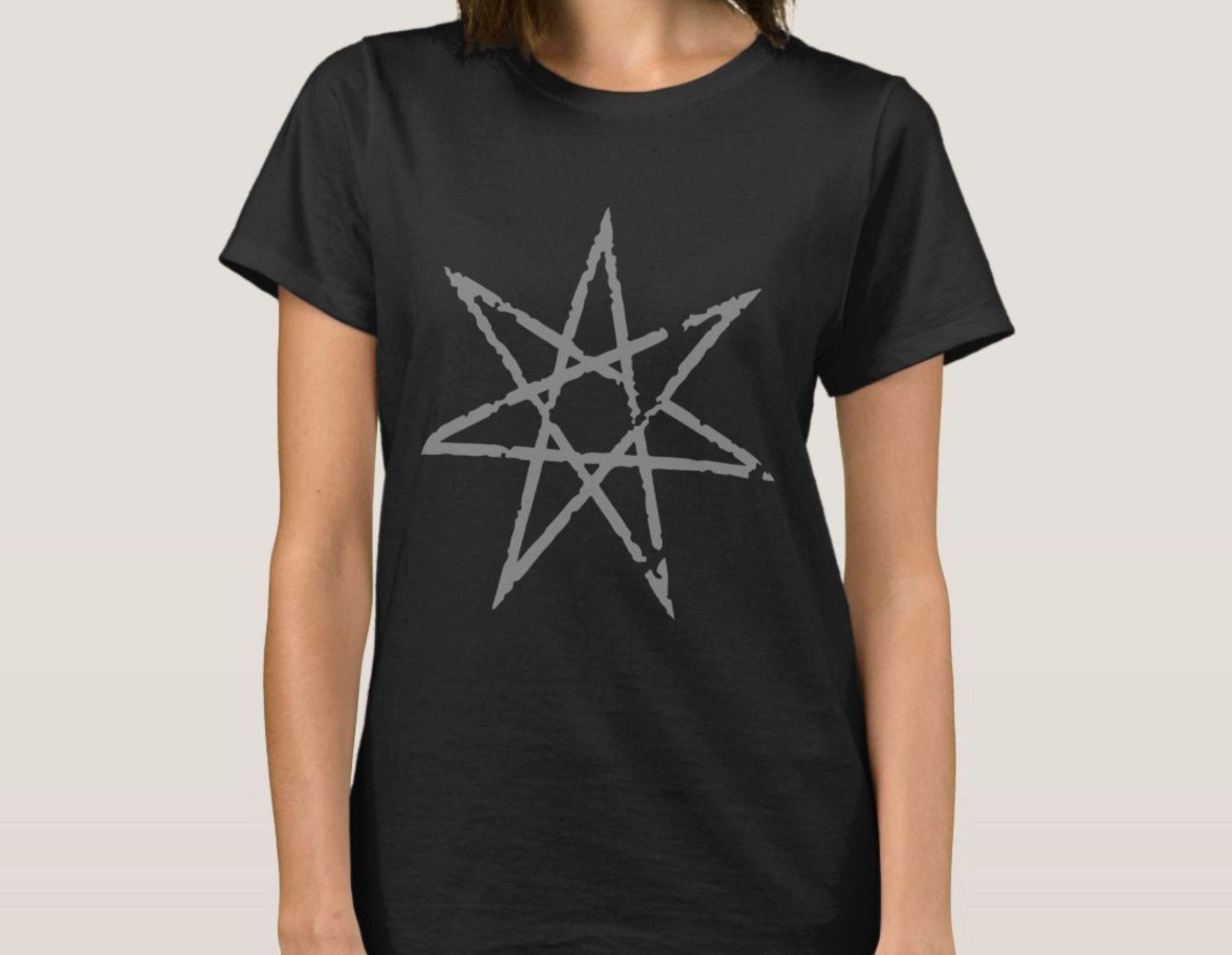 A shirt with a septagram symbol printed on it